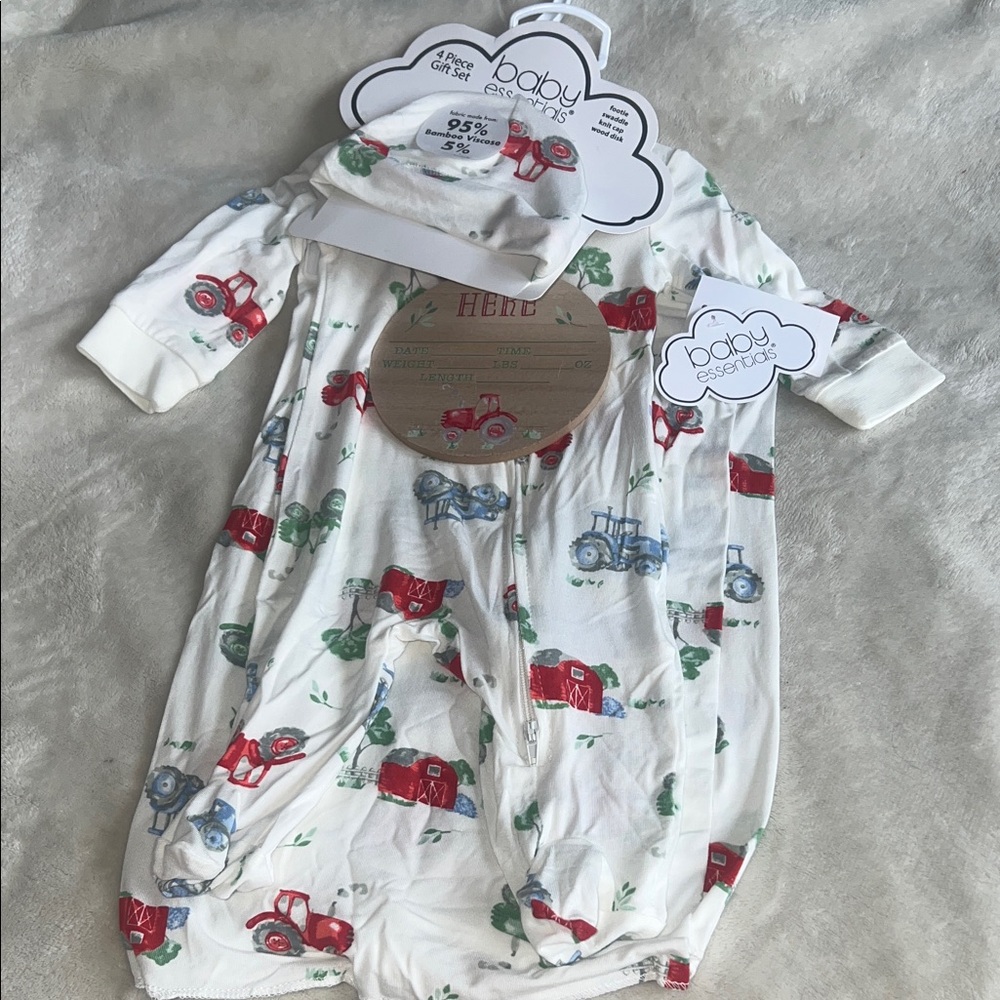 4 Piece Baby Essentials Farm Print Onesie With Swaddle - Red, Blue, Green